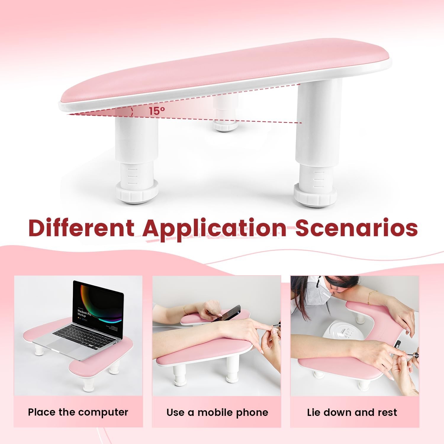 Pink U-Shaped Manicure Arm Rest with 360° Phone Holder & Adjustable Hand Support