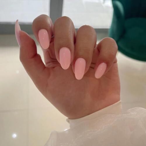 Pastel Peach Pink Press On Nails Short Oval,Natural Round glossy pastel pink