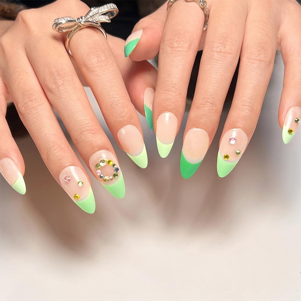 Secret Lives Glossy Artificial Translucent Nude Color with 3D Stone 24 Nail Set