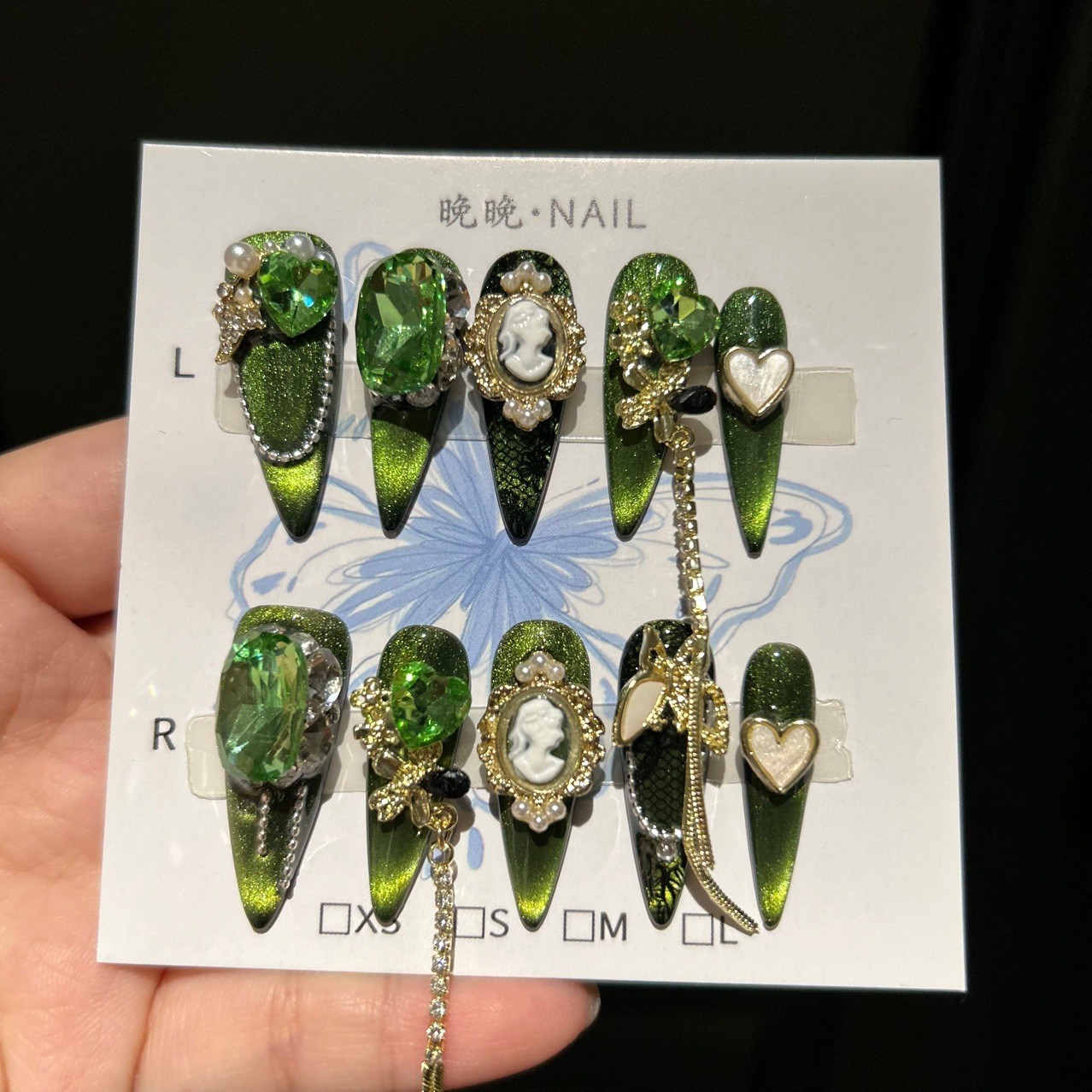 Luxury Emerald Green Cat Eye Butterfly Handmade Press On Nails