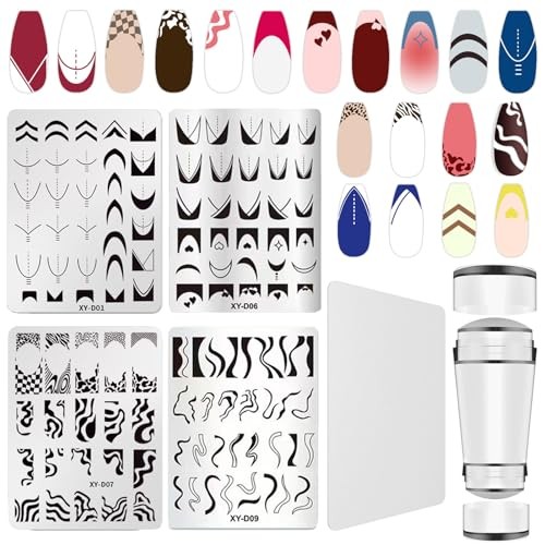 French Line Nail Stamper Plates Kit, 4Pcs Nail French Line Stamper Plates