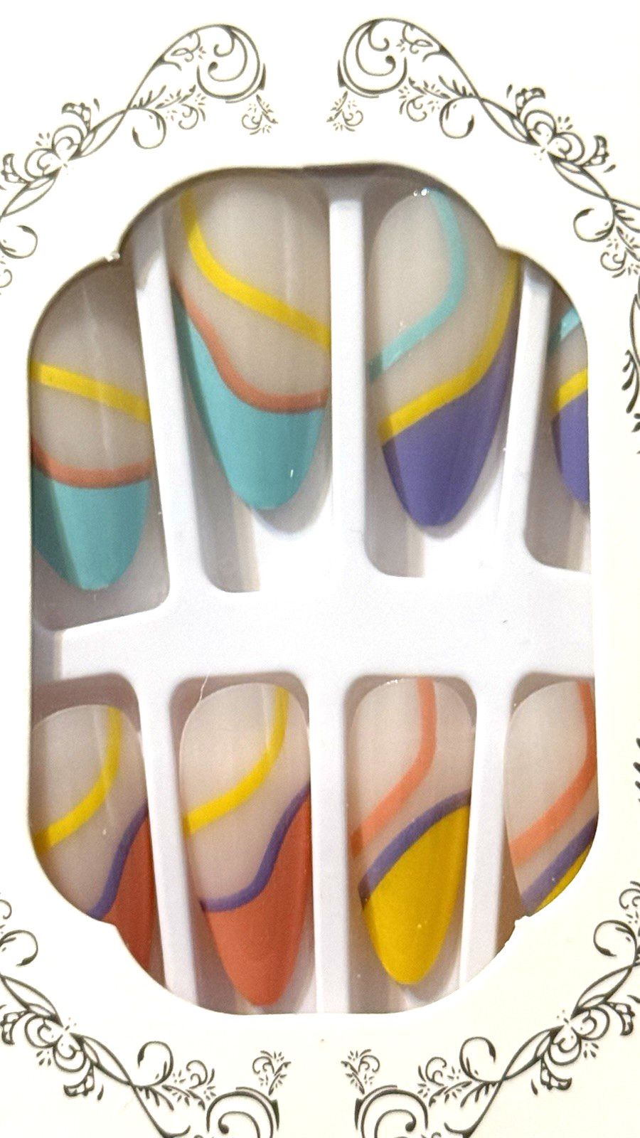 Beautiful Nail MILKY WHITE FRENCH with COLORFUL SWIRLS Press On Mani Long Almond