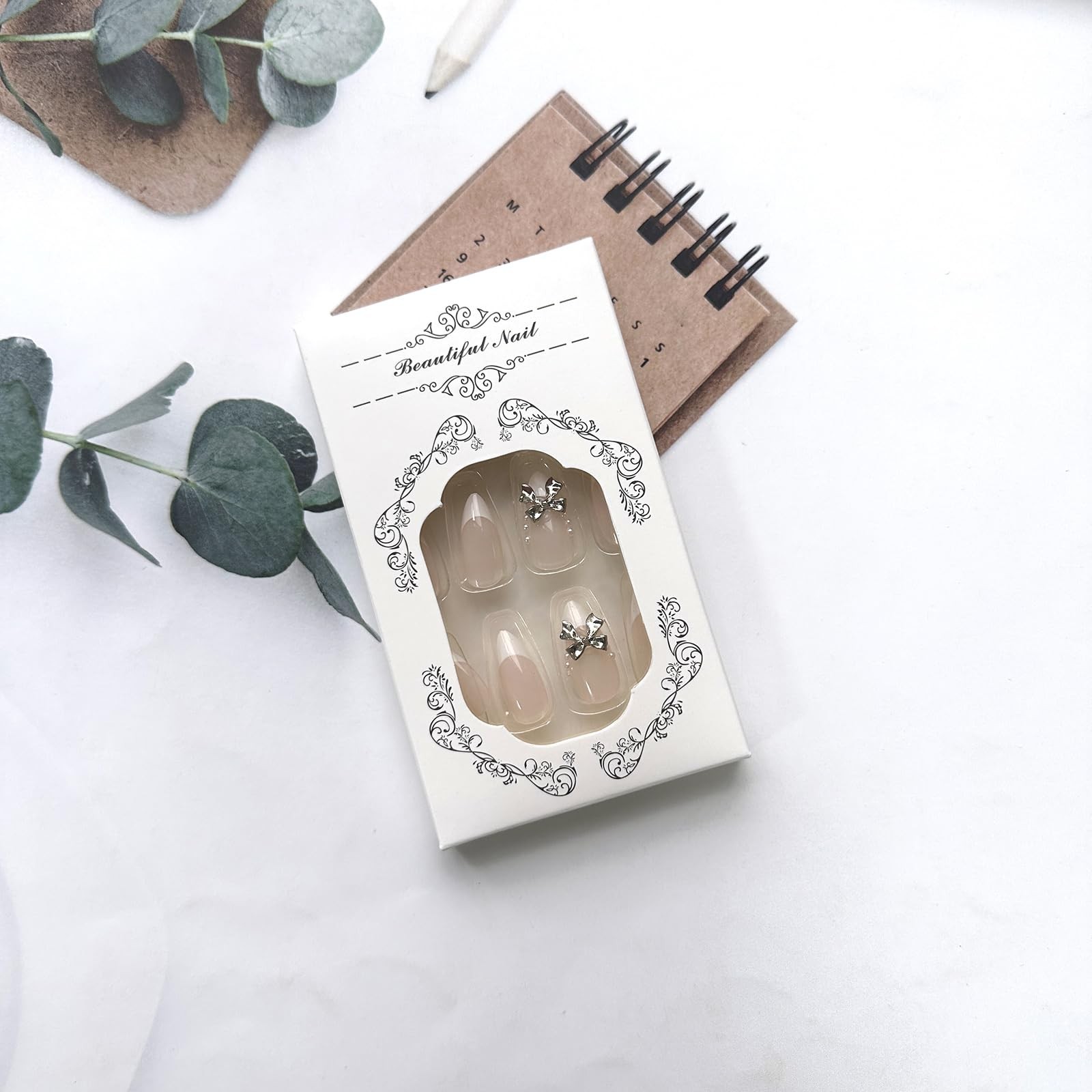 French Tip Almond Glue on Nails – Medium Length False Nails with Silver Bow P…