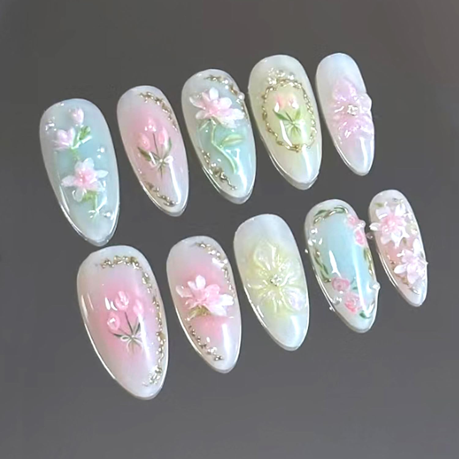 Cute Flower Press on Nails Medium Almond Fake Nails Pink Floral False Nails 3D P