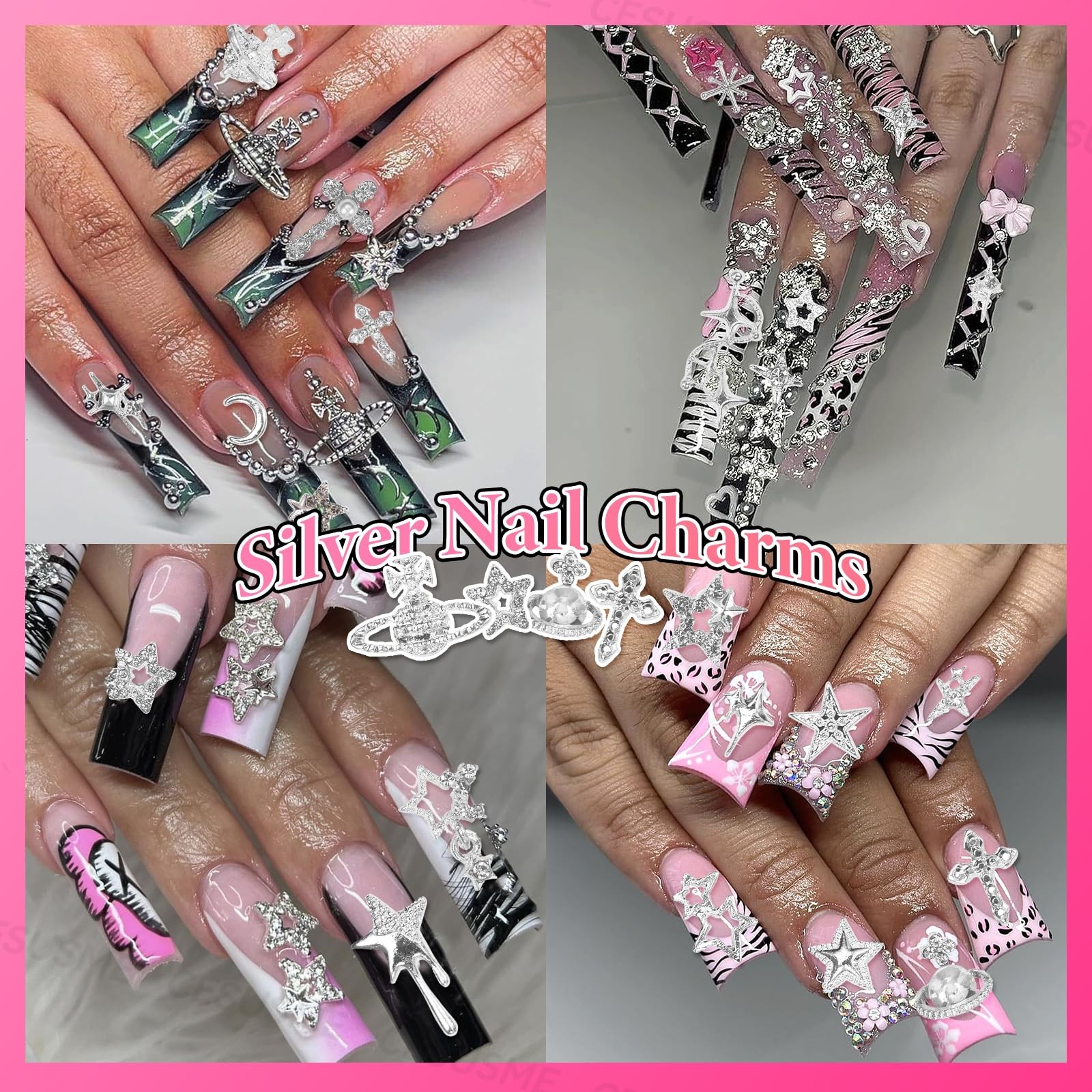 130 Pcs 3D Silver Star Cross Alloy Nail Charms, 21 Styles Y2K Metal Star Moon…