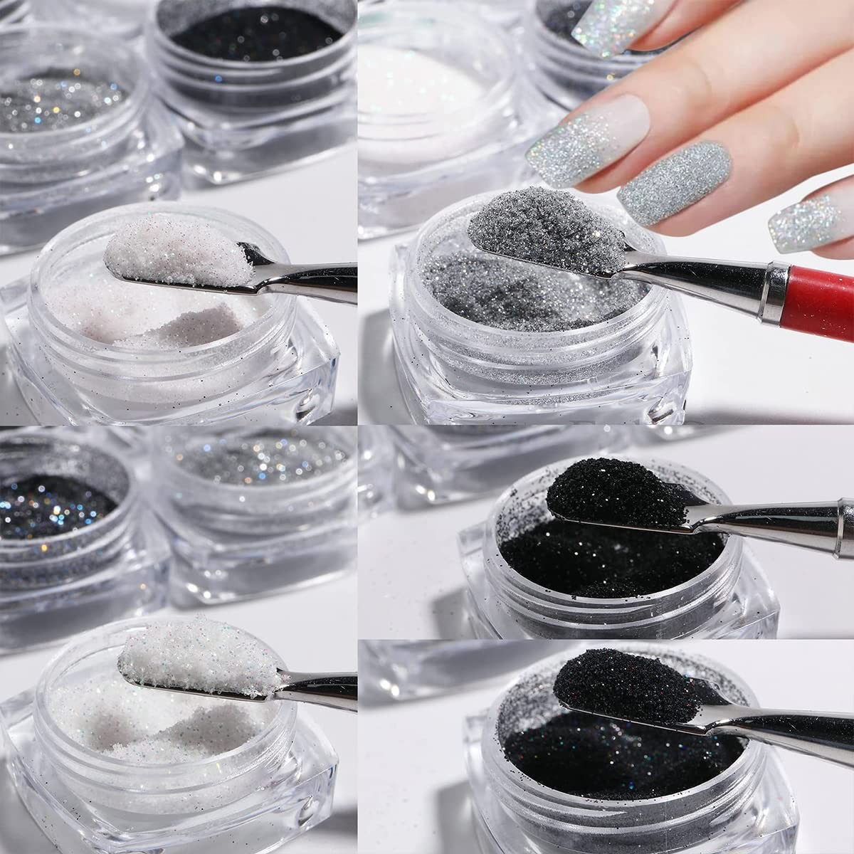 6 Jars Nail Glitter Powder Black White Sliver Dust Sugar Powder, Superfine Fr…