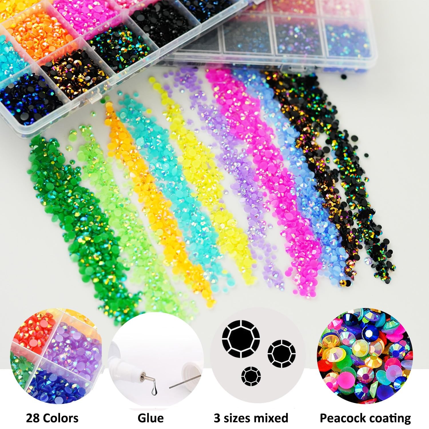 22000PCS Resin Rhinestones for Crafting, 28 Multicolor Mixed 3mm 4mm 5mm Non-…