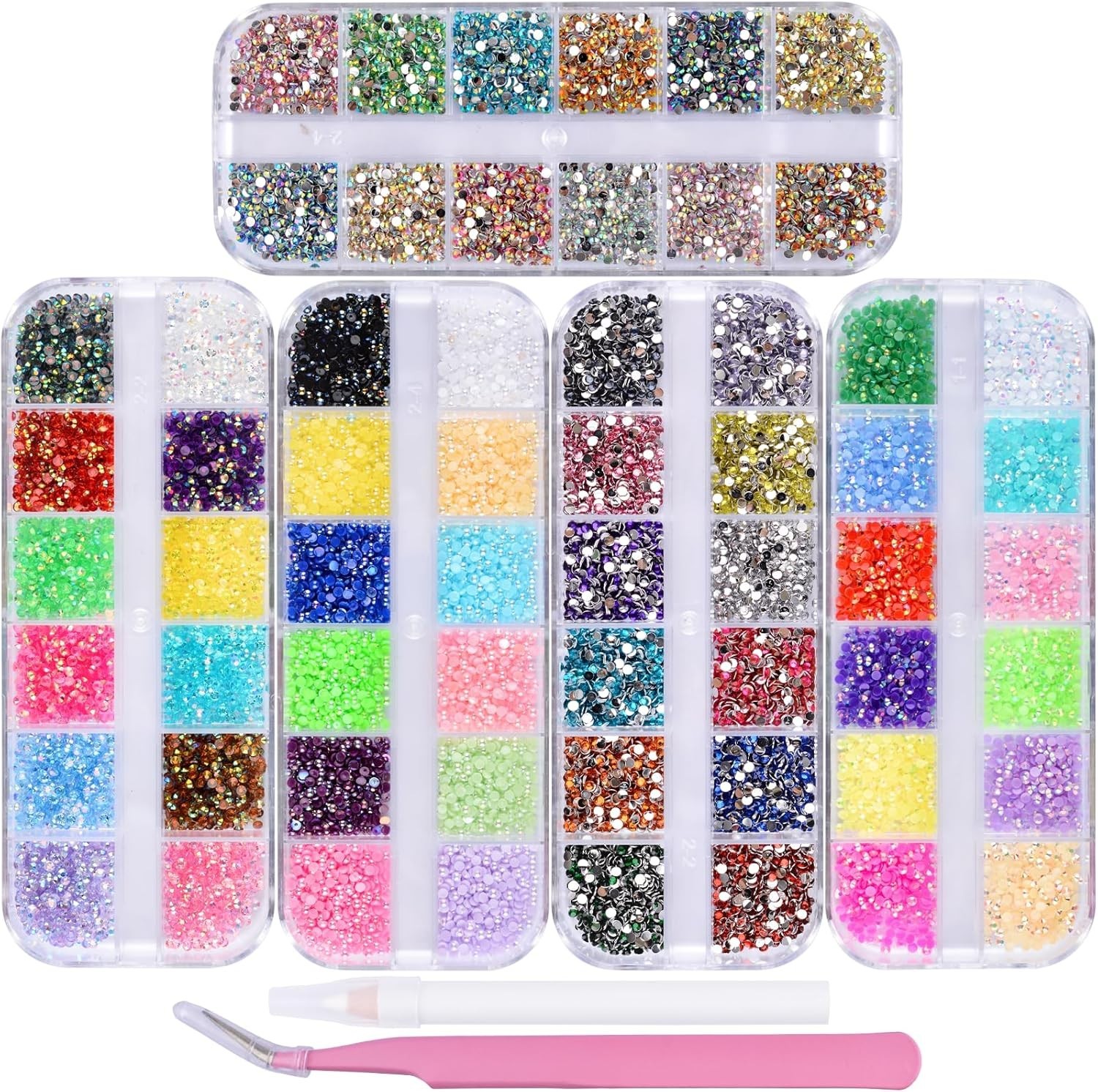 5 Boxes Nail Art Rhinestones Half Pearls Kit 3D Flatback Jelly Crystal Gems D…