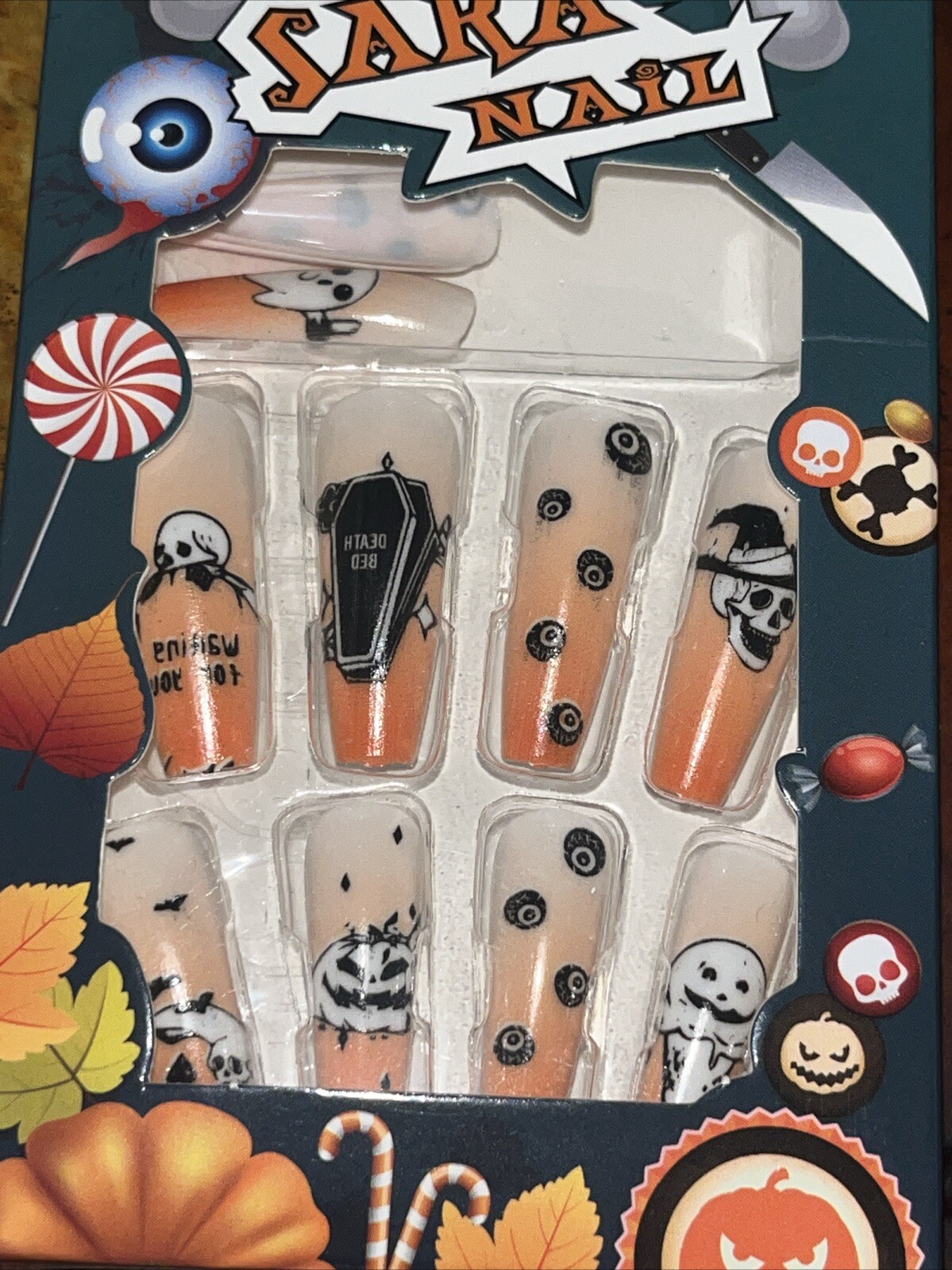 New Sara Nail Halloween Press On Nails Bats Pumpkins Skulls Ghosts Orange Black