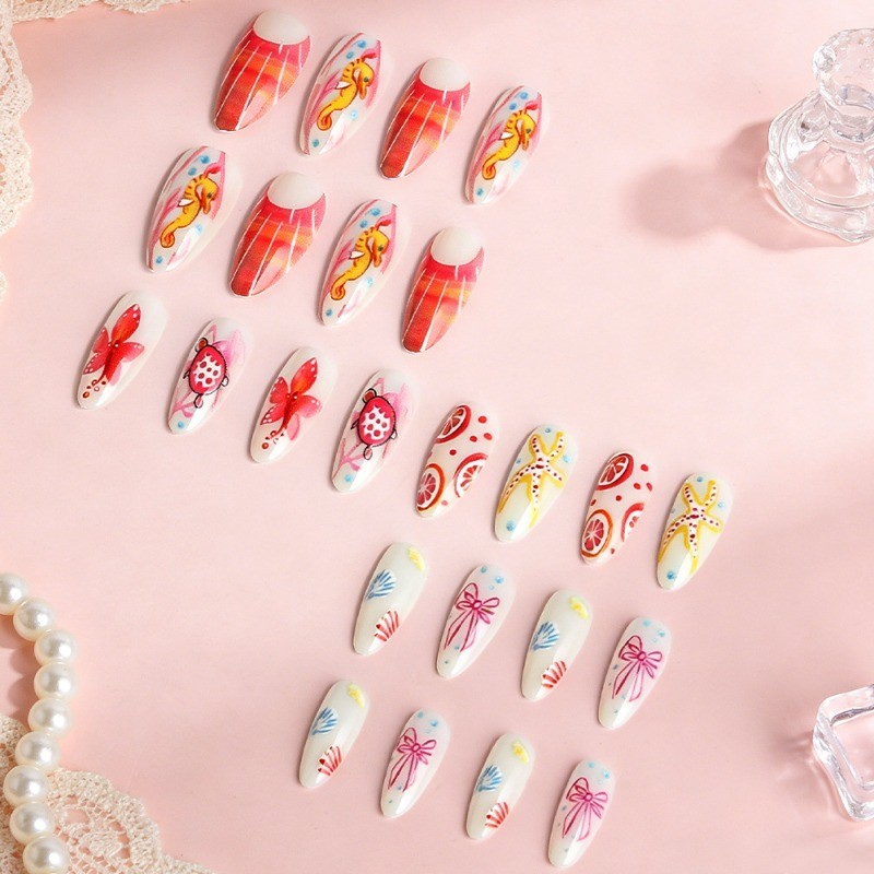 48pcs-Beach Vacation Press on Nails, Medium Almond Pink Sea Creature False Nails