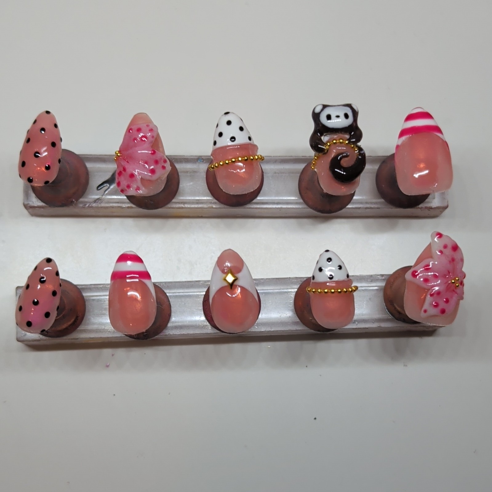 10 Piece Short Almond Press-On Nails, 3D Animal Theme, Pink White Black Gold