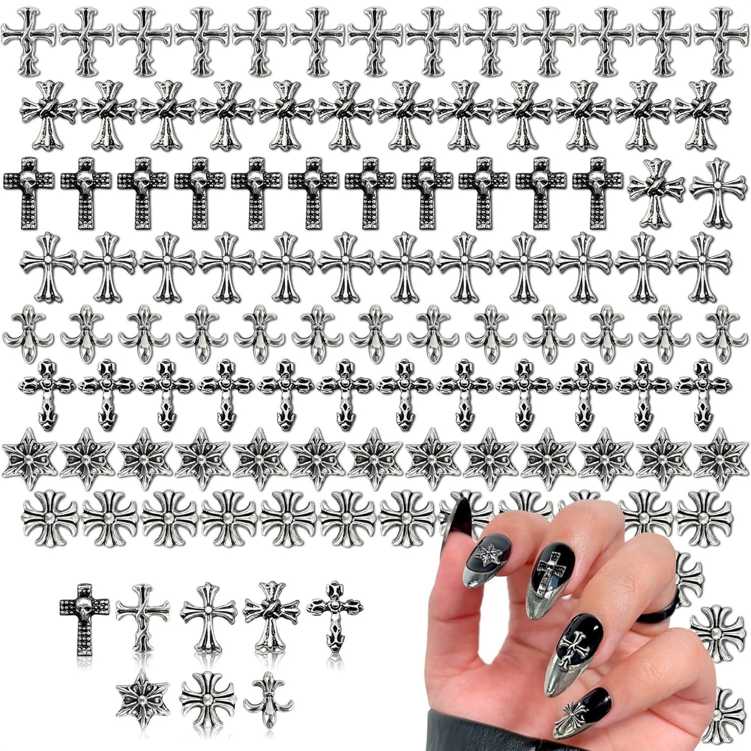 Gothic & Y2K 3D Silver Cross Nail Charms – 120 Pcs for Creative Projects