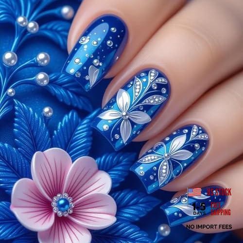 Royal Blue Square Press On Nails – Silver Metallic Floral Fake – Silver Metallic