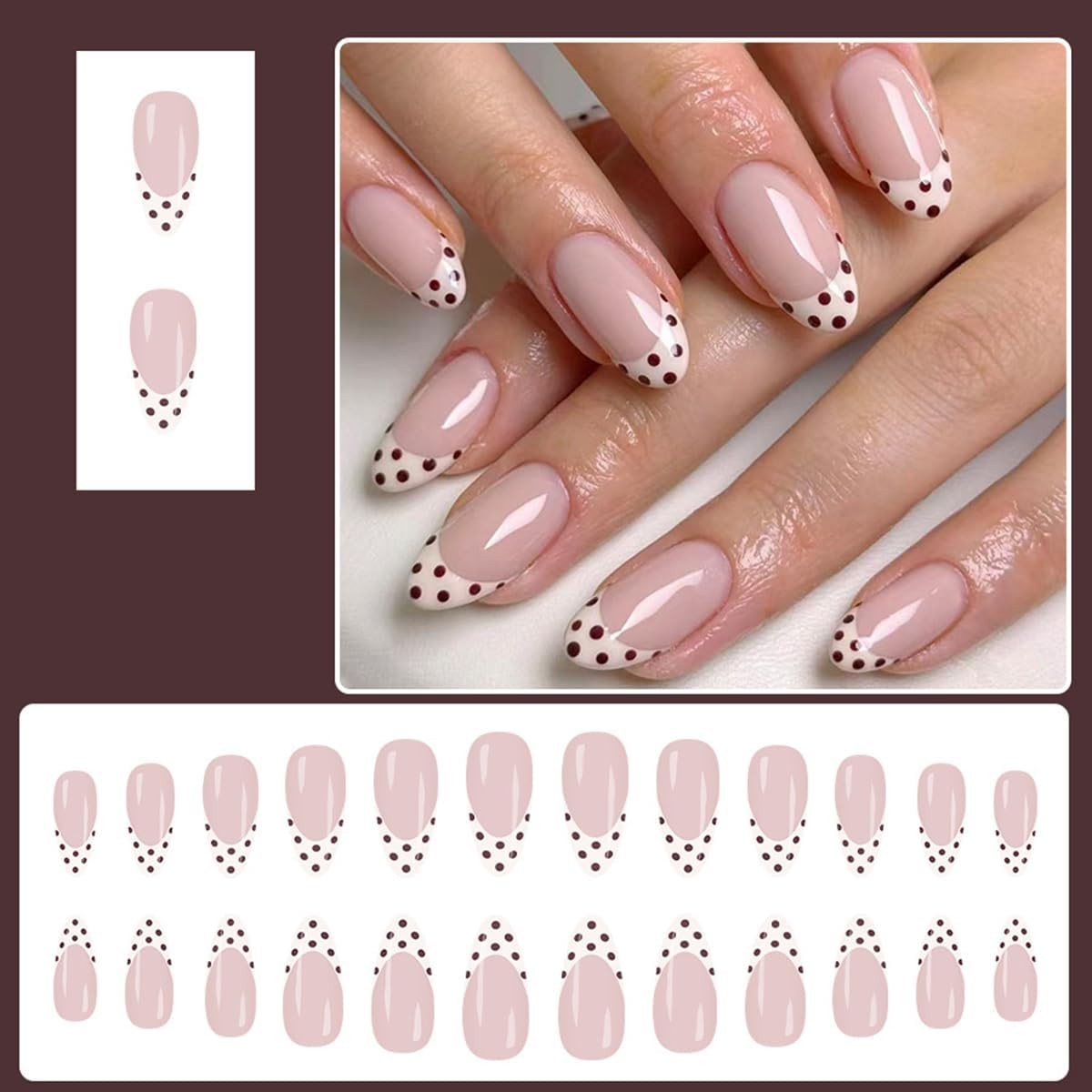 Winter Fall Press on Nails Short Almond, Polka Dots Fake Nails White French N…