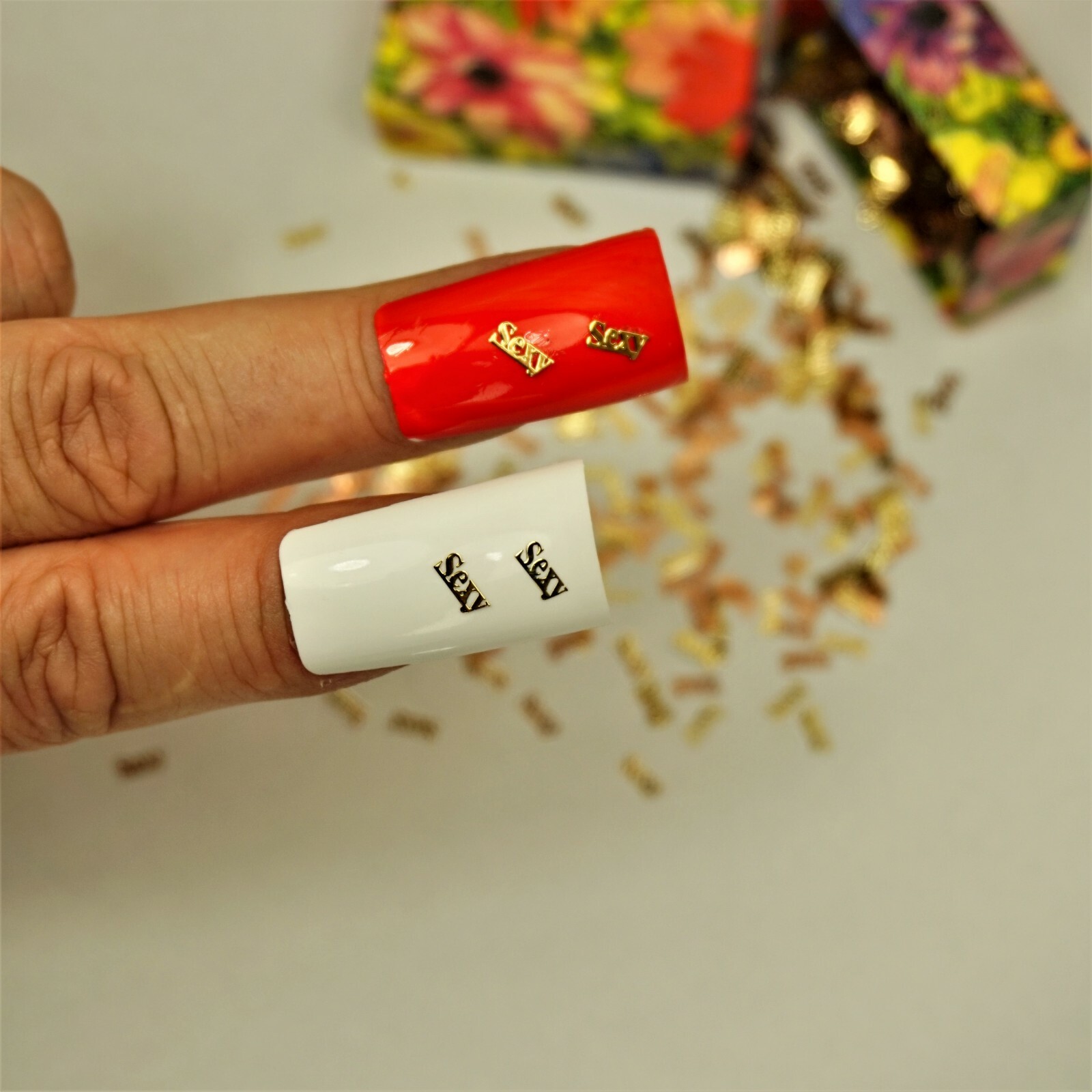 25 GOLD METAL “SEXY” NAIL CHARMS NAIL DECALS SMALL GIFT IN BOX FOR WOMEN