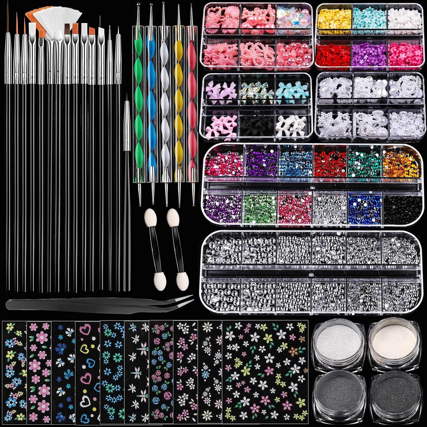 Nail Art Kit Beginners Chrome Powder Charms Stickers Brushes Dotting Rhinestones