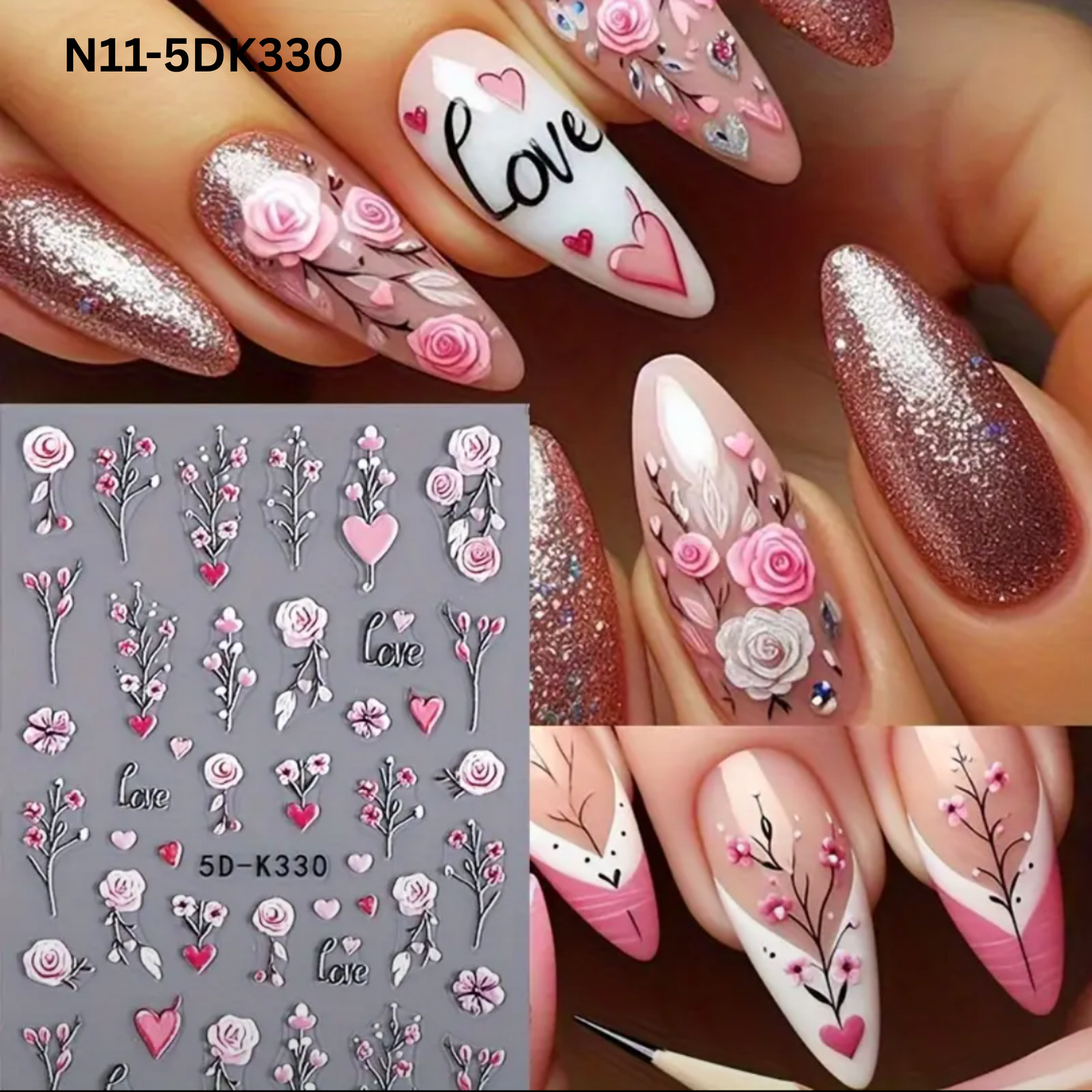 5D Embossed Floral Nail Art Stickers, Valentine’S Day Rose,Perfect for Women And