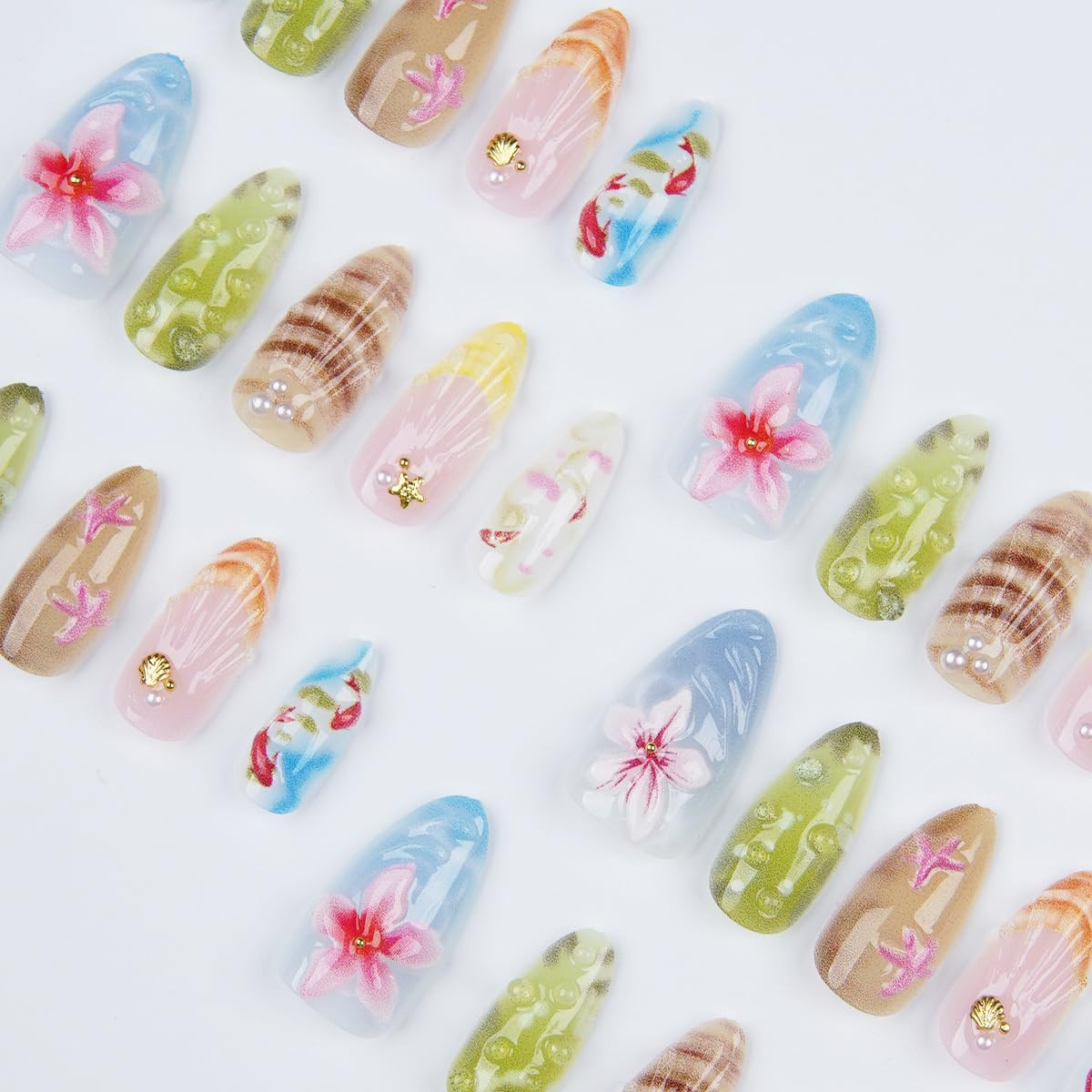 30Pcs Summer Press on Nails Medium Almond French Tip Fake Nails 3D Gold Shell Rh