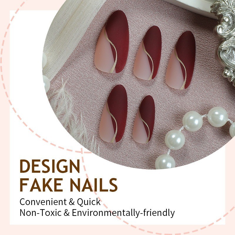 48pcs-Burgundy Gold Line Press on Nails, Nude Almond False Nails for Women