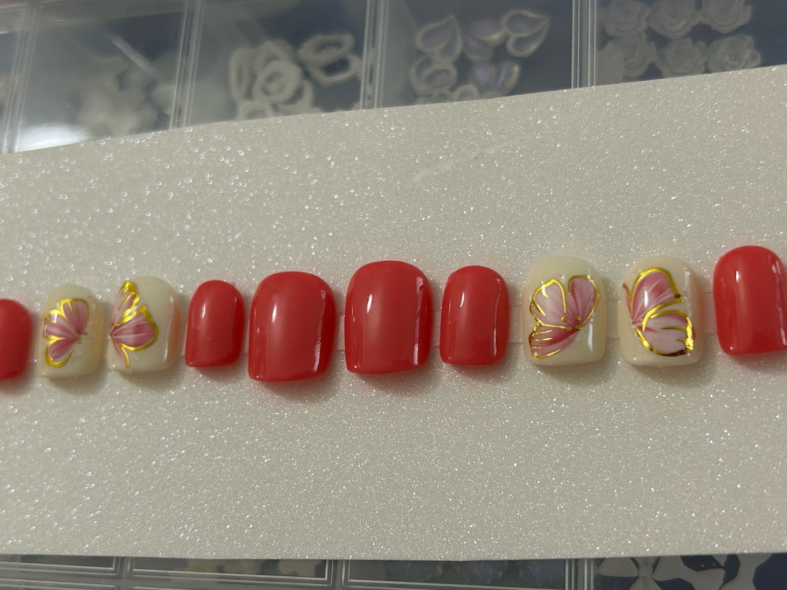 ✨Beautiful Summer Design Handmade Gel Press On Nails Coral Pink Square Short ✨