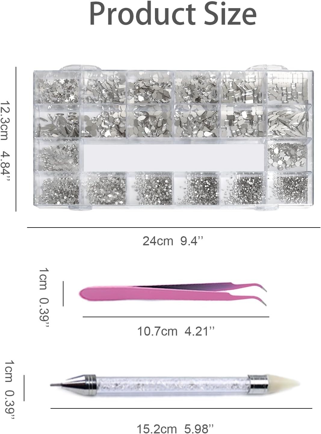 6080pc Sliver Nail Art Rhinestones w/ Multi Shapes 3D Flatback Crystals Diamond