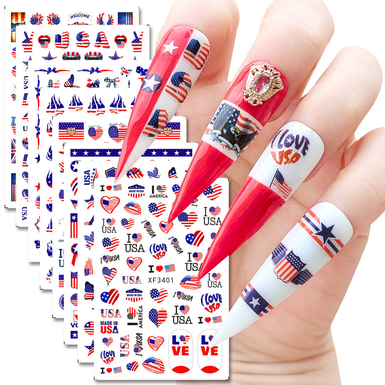 American Flag Star Heart LOVE USA July 4th Butterfly Number 3D Nail Sticker NS3