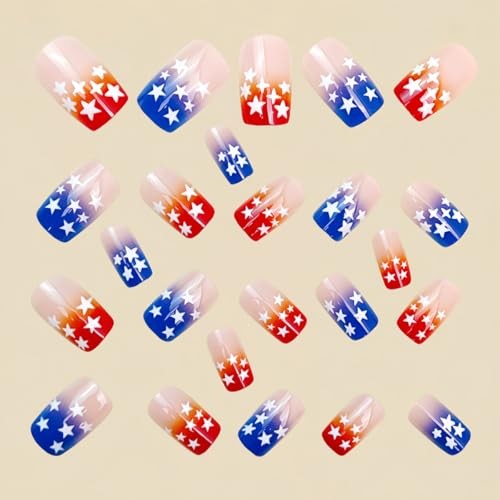 4th of July Press on Nails – Short Square Red White Blue Gradient Style-17