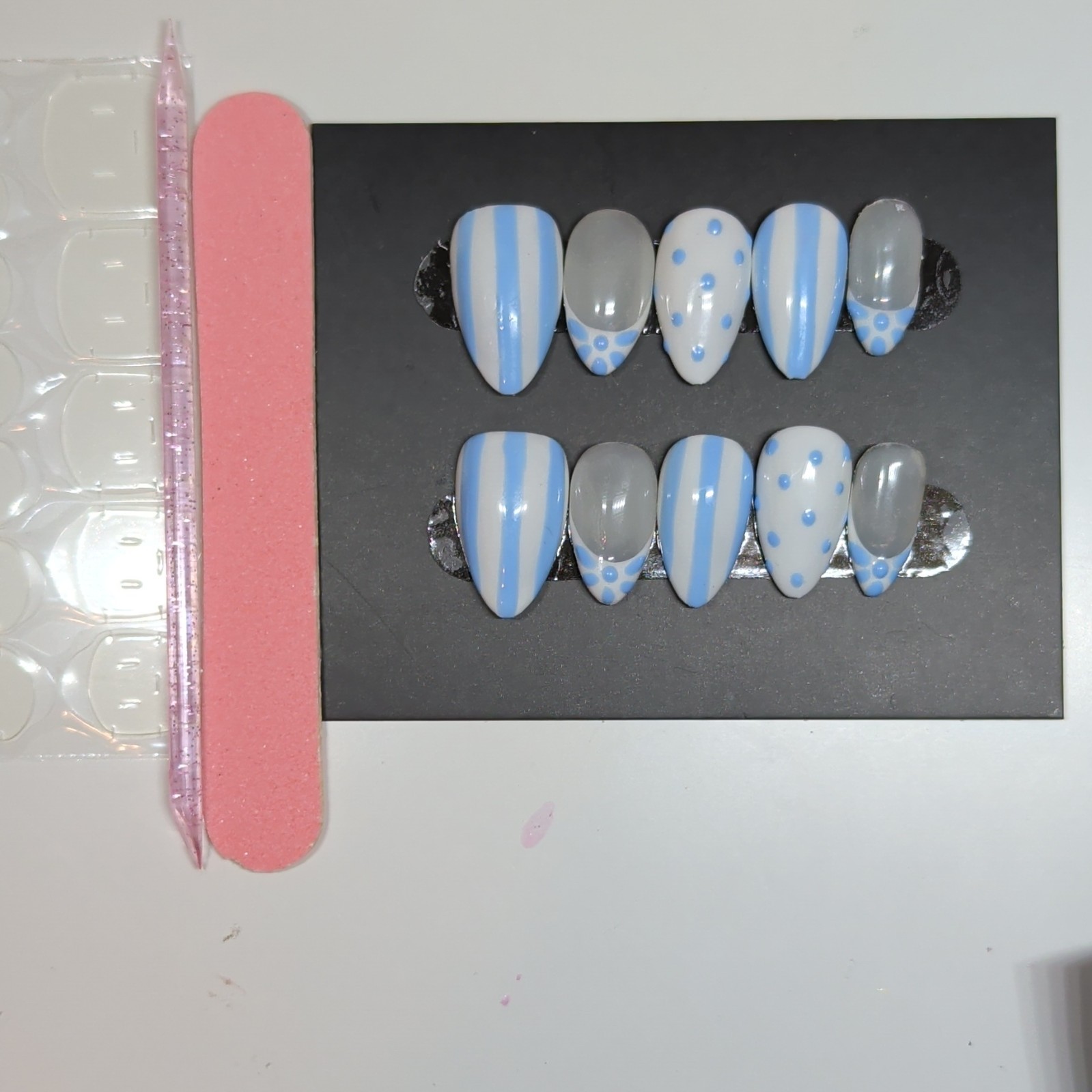 10 Piece Medium Almond Press-On Nails, Full Cover Shiny Blue White Polka!
