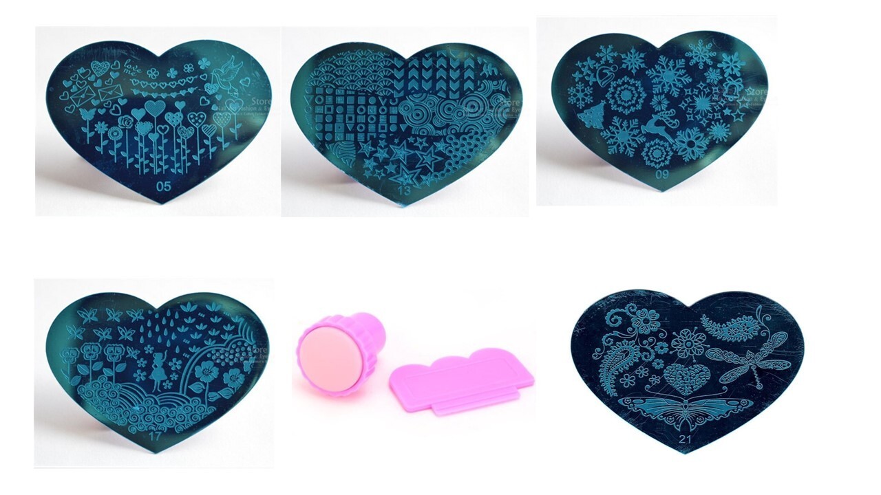5 Pcs Love Heart Nail Art 5 9 13 17 21 Image Plates Stamper Scraper Set NEW