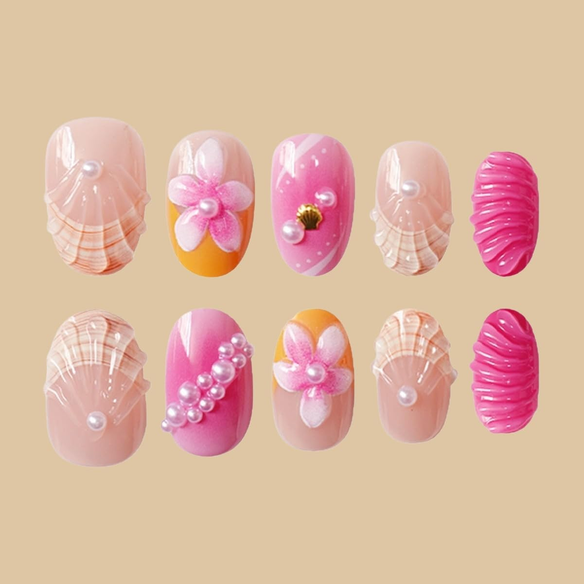 3D Summer Ocean Flower Press on Nails Short Almond Fake Nails 3D Beach Floral Sh