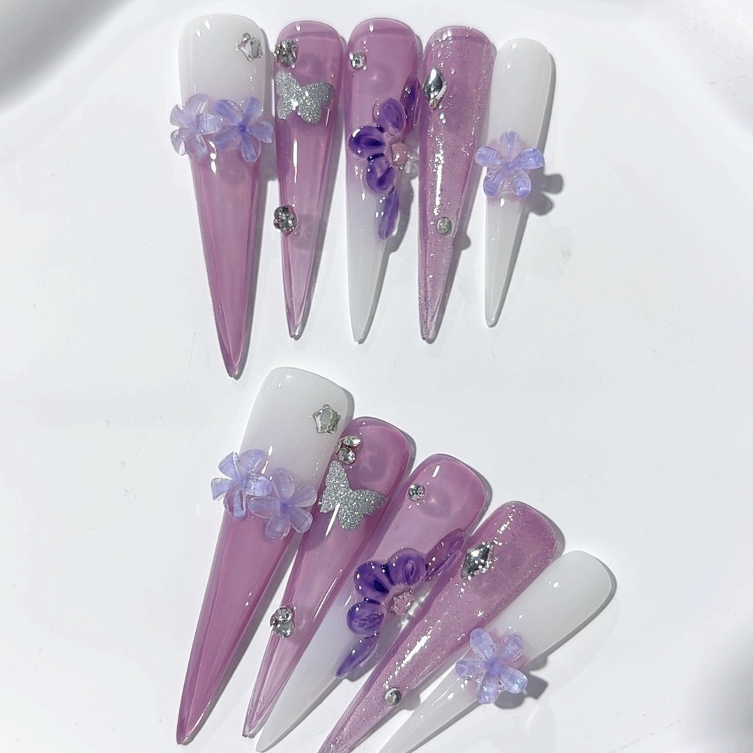10Pcs Purple White Gradient 3D Butterfly Long Stiletto Press On Nails For Party