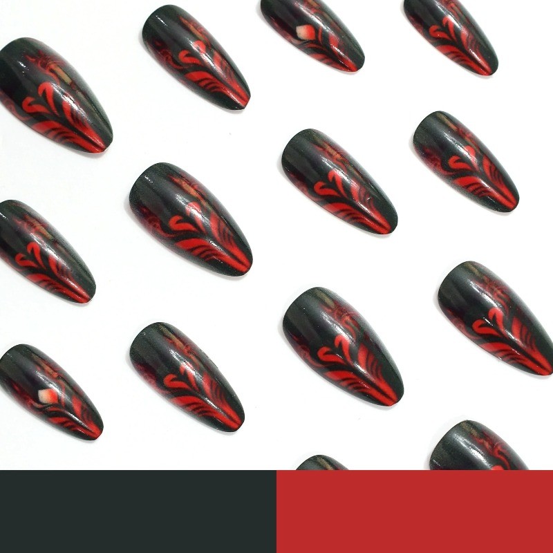 48 pieces of women’s long, thin, high-heeled black and red glossy fake nail art