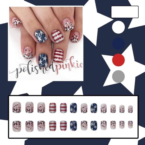 4th of July Press on Nails Short Square Independence 4th of July False Nails-24