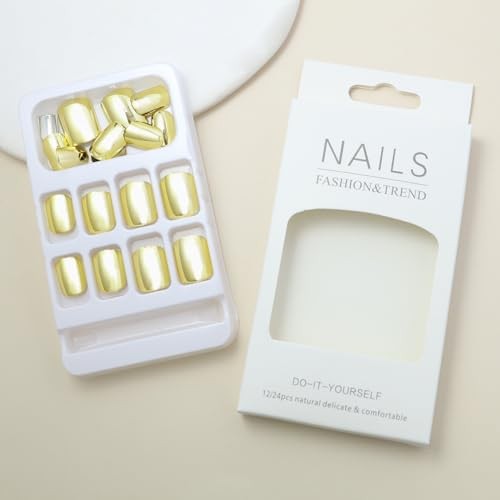 Gold Press on Nails Short Square Fake Nails Gold Chrome False Nails Style-A4