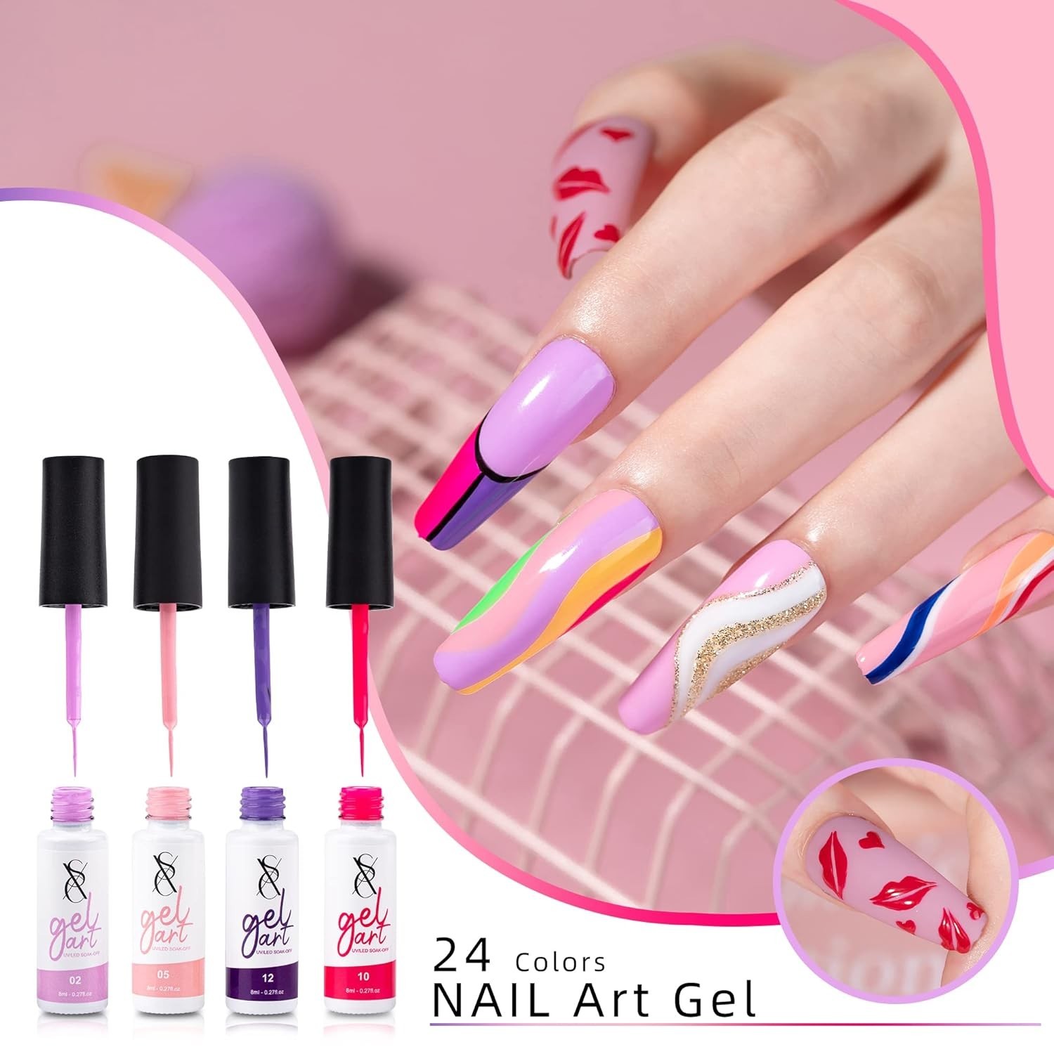 24-Color Gel Liner Set for Nail Art Cosmetics with Built-in Thin Brush for Swirl