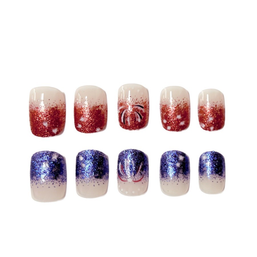 48pcs-4th of July Press on Nails with Glitter, Stars and Fireworks, Short Square