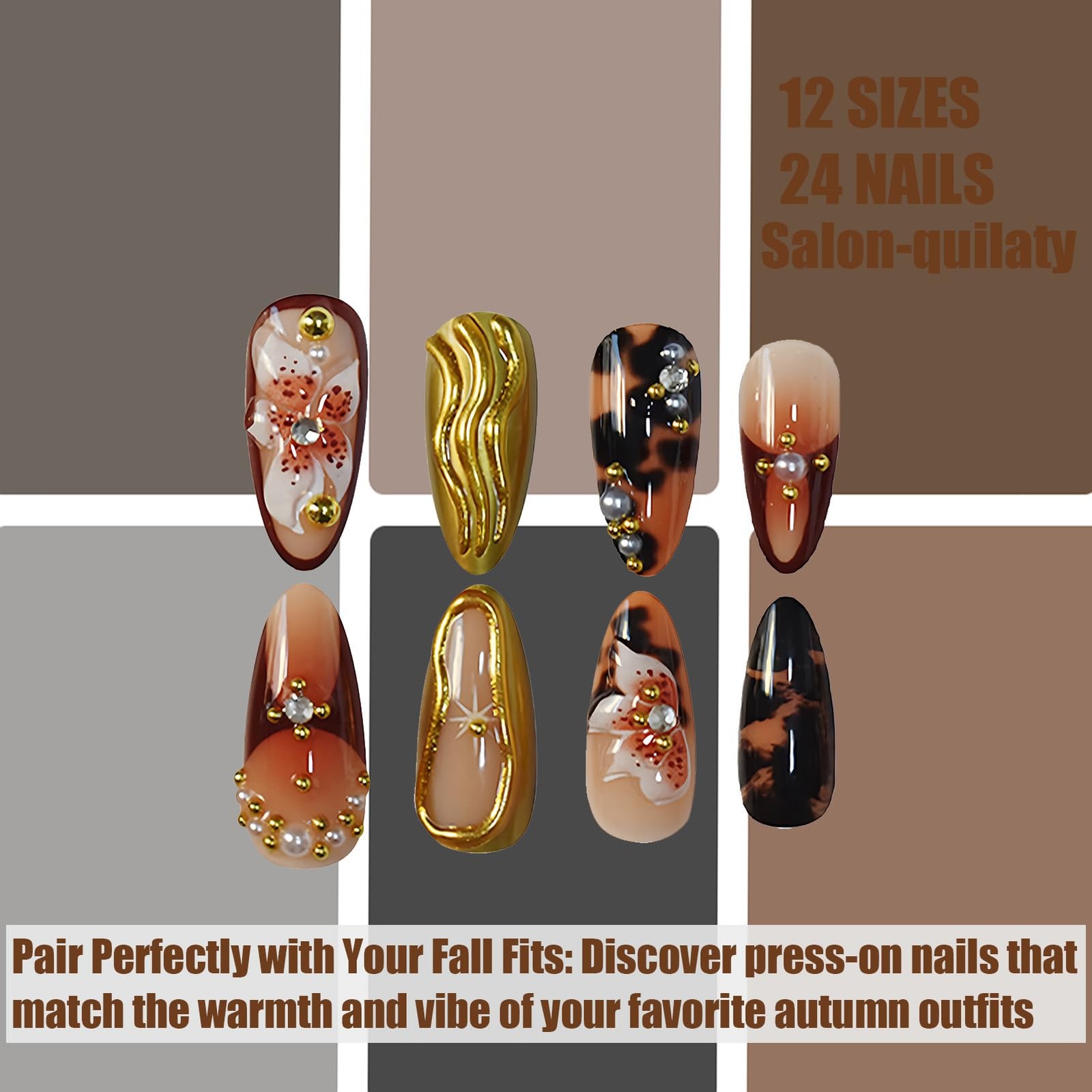 Press On Nails Almond 3D Design Flower Brown Press Ons Nails For