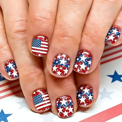 Red American Press On Nails – 4th of July Short Fake Nail