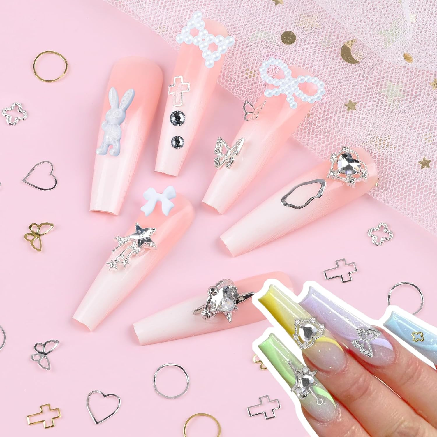 650Pcs Cute 3D Nail Charms and Gems, White Rabbit Bow Charms Alloy Butterfly Hea