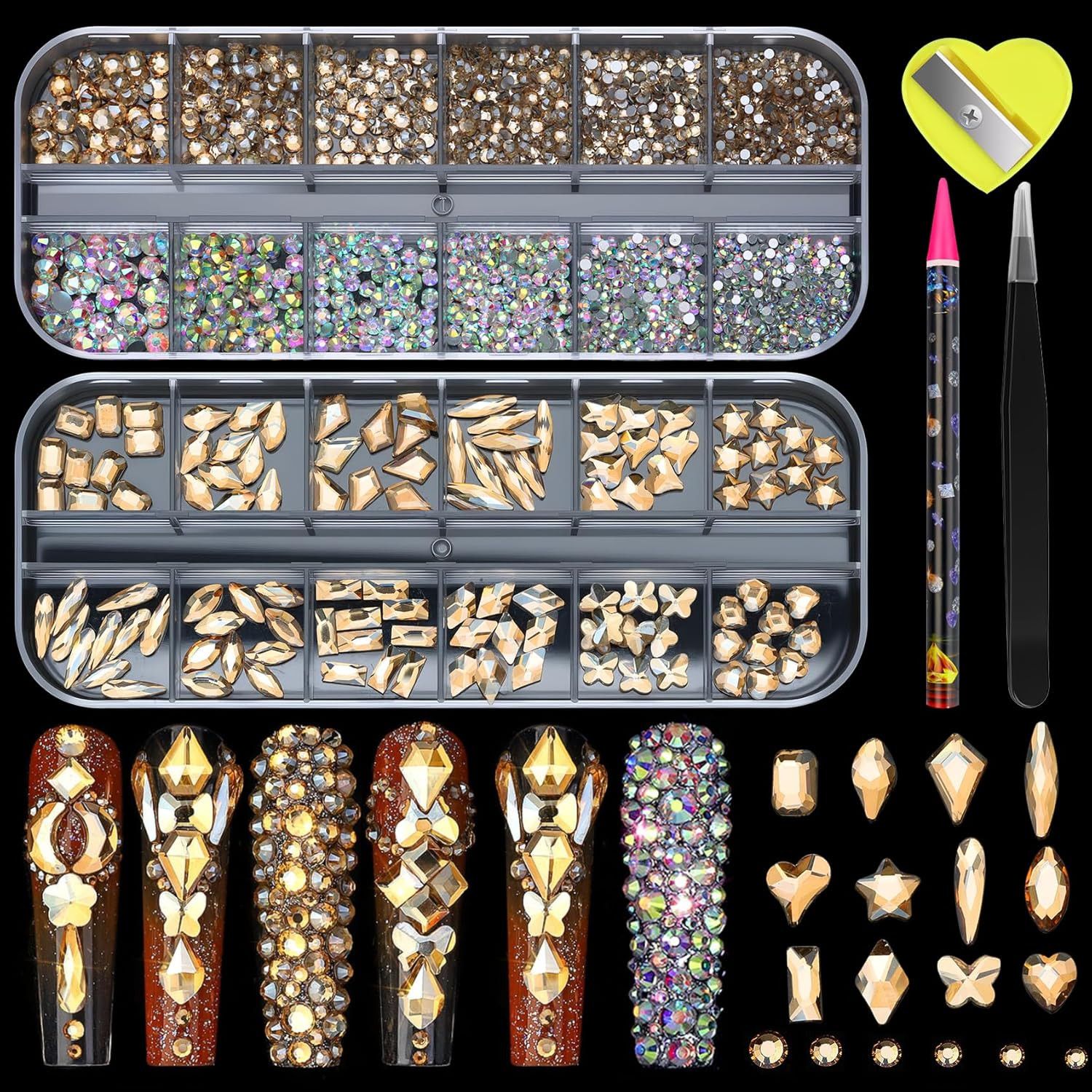 White Nail Rhinestones – 12 Types of Multi Shapes Diamonds & 12 Sizes Flatback r
