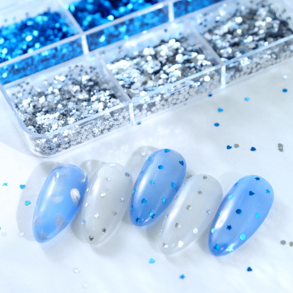 6Grids 1mm Mini Silver Blue Nail Glitter Sequins Mix Heart Star Flakes for Nails