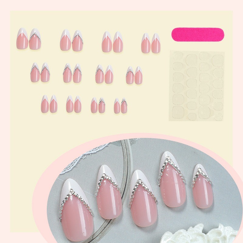 48pcs Elegant Rhinestone French Nails Almond Nude Pink with Sparkly V Design