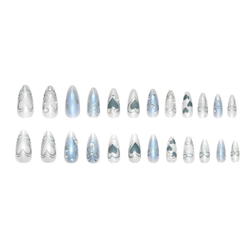 24Pcs Blue Ombre Press on Nails Medium Almond Fake Nails Heart Fake Nails – 33
