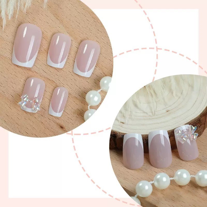 72pcs-Coffin Press on Nails, Nude with White French Tips & Crystal Rhinestones