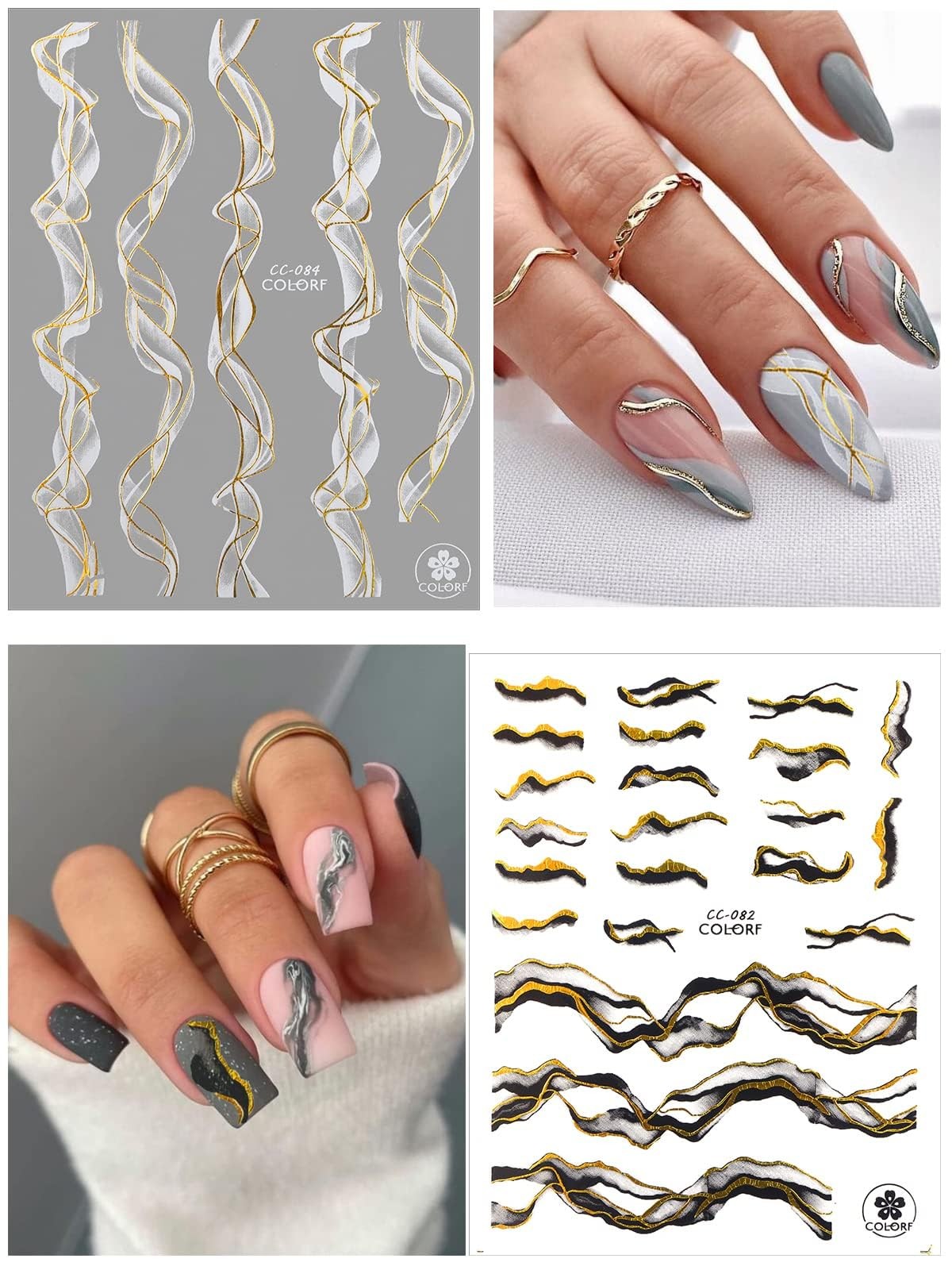 Graffiti Arte De Uñas Unas Pegatinas 3D Blanco Negro Oro Raya Linea Uñas Unas