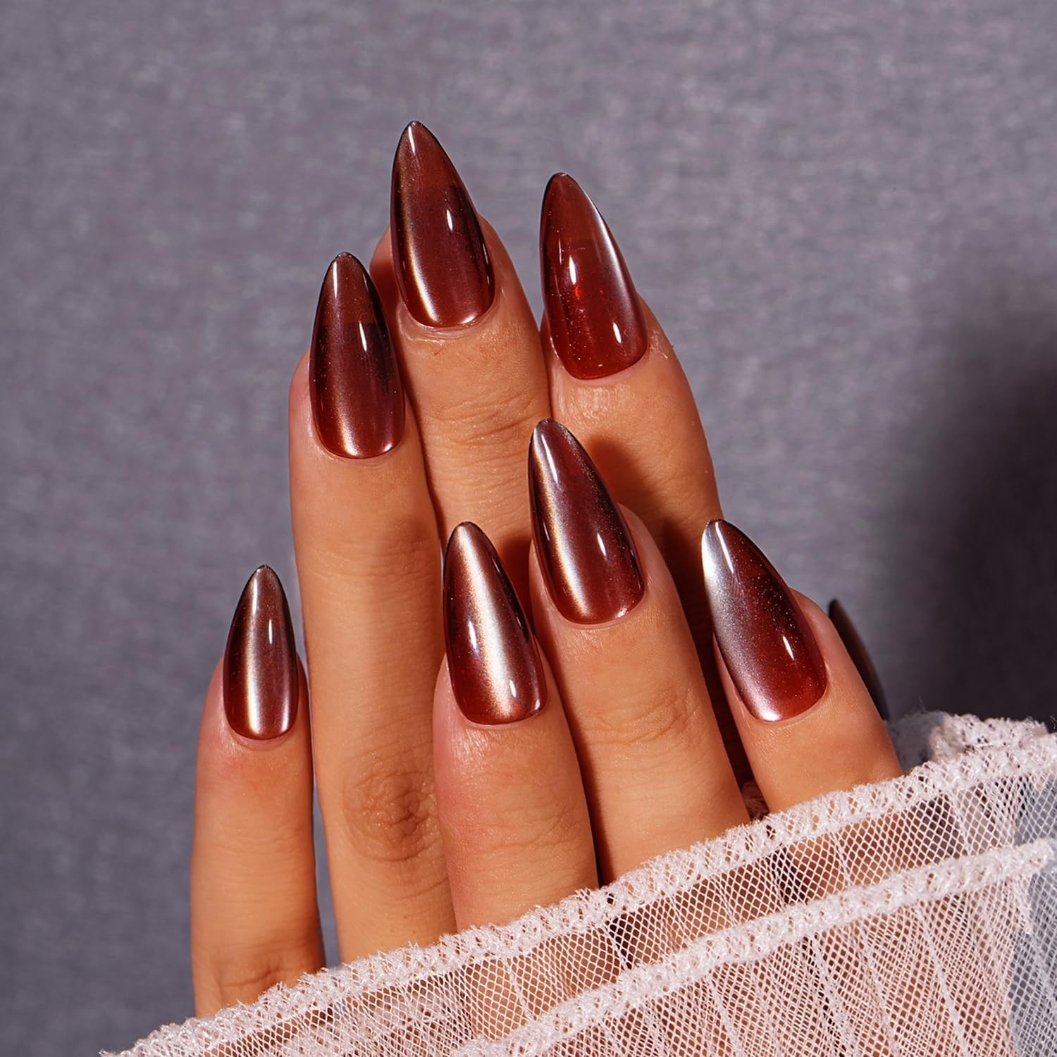 SXVME 30 Pcs Glitter Cat Eye Press on Nails Almond Medium – Red Brown Fake Na…