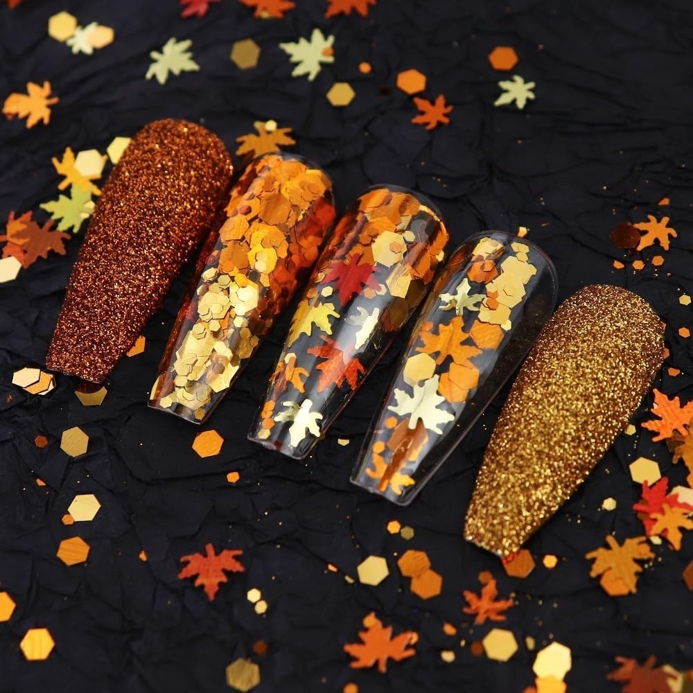 Autumn Maple Leaf Nail Art Glitters Sequins 3D Fall Nail Decals Professional
