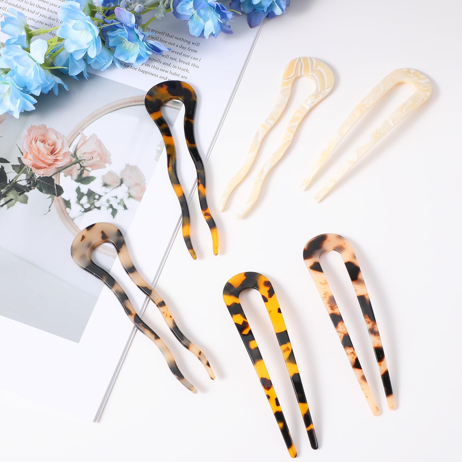 6 Pcs French Hair Pin Tortoise 4.52× 1.22 Inch, yellow, beige, tortoise shell