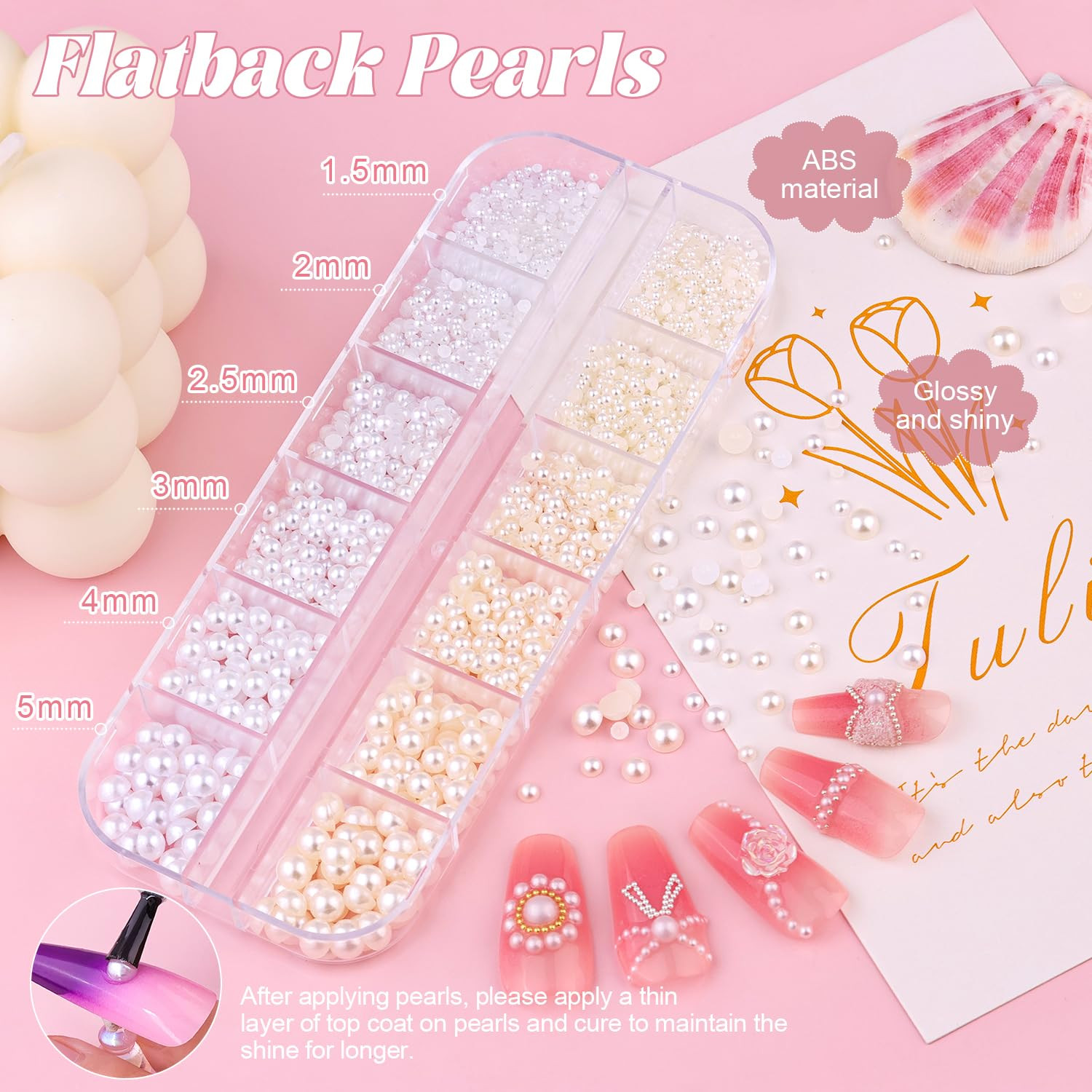 2 Boxes Flatback Pearls (White+Beige) and Silver+Gold Nail Beads for Nail Art wi