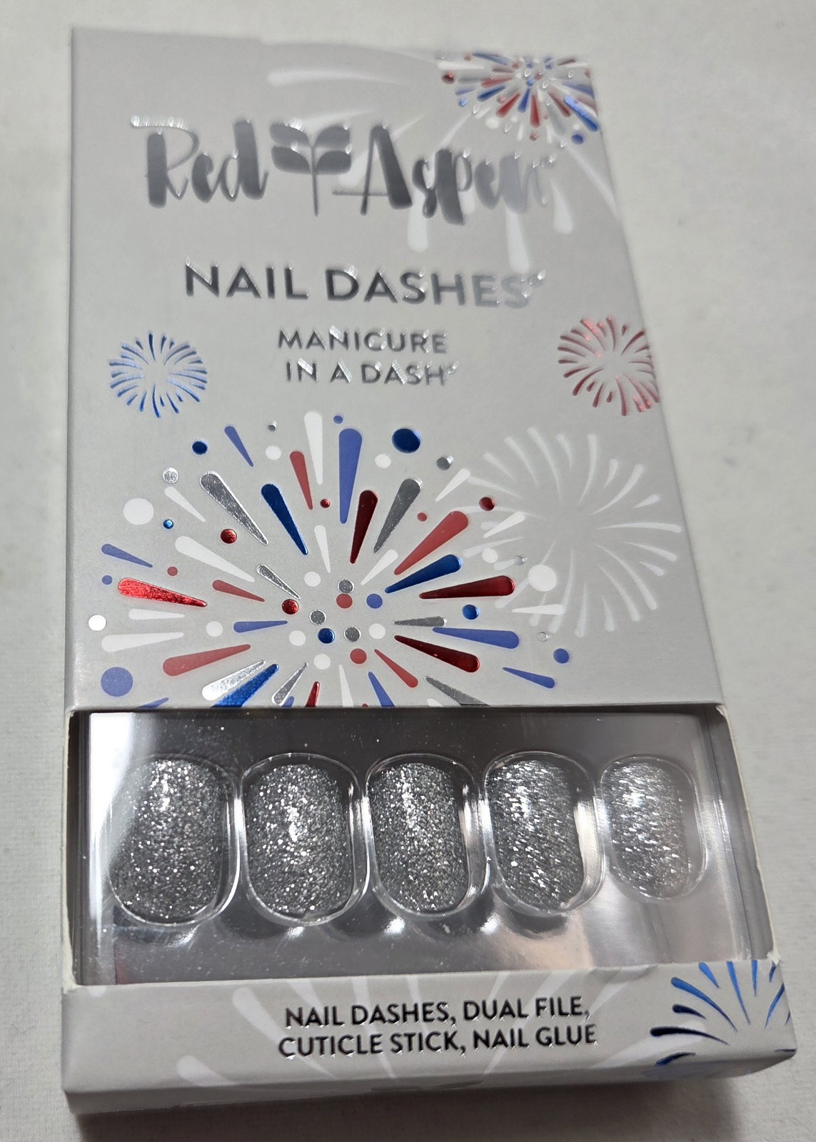 Silver Sparkly Press On Nails, Red Aspen, Cue the Sparklers Capri